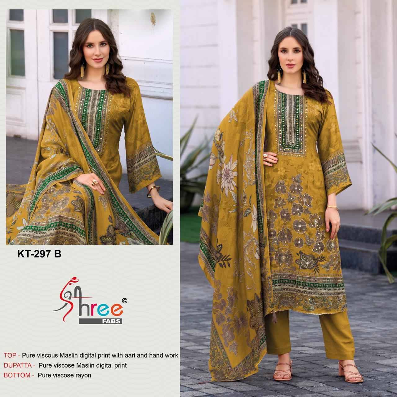 KT - 297 By Shree Fab Pakistani Stylish Beautiful Colourful Printed & Embroidered Party Wear & Occasional Wear Pure Viscous Maslin Dresses At Wholesale Price